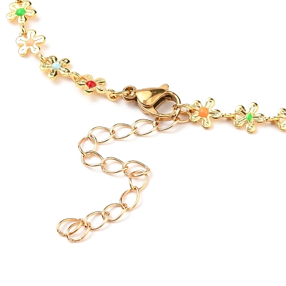 Brass Enamel Flower Link Chain Necklaces, with 304 Stainless Steel Lobster Claw Clasps, Colorful