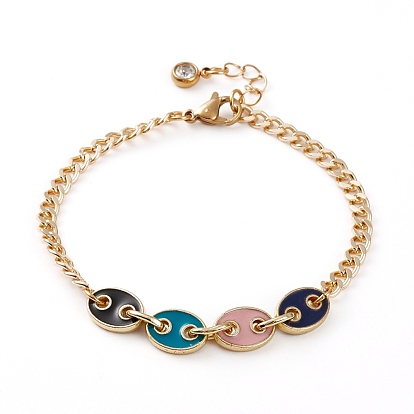 Golden Plated Brass Enamel Chain Bracelets, with Curb Chains & Coffee Bean Chains, Rhinestone Charms