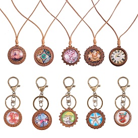SUNNYCLUE DIY Keychain, with Wood Pendant Cabochon Settings, Clear Glass Cabochons, Waxed Polyester Cord, Brass Jump Rings and Iron Lobster Clasp Keychain