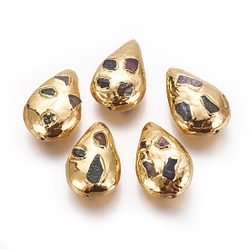 Perles fossiles noires naturelles, avec les accessoires en laiton plaqués or, goutte 