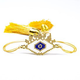 Bracelet en perles de verre tressées avec double pompon, bracelet chanceux de protection des yeux maléfiques pour les femmes