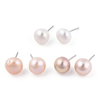 Natural Pearl Stud Earrings, Round Ball Post Earrings With 925 Sterling Silver Pins for Women