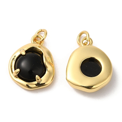 Natural Black Agate Nuggets Charms, with Rack Plating Brass Findings and Jump Ring, Cadmium Free & Lead Free, Real 18K Gold Plated