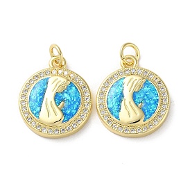 Brass Micro Pave Clear Cubic Zirconia Pendants, with Synthetic Opal and Jump Ring, Real 18K Gold Plated, Human