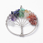 Natural Gemstone Big Pendants, with Brass Findings, Flat Round with Tree of Life, Platinum