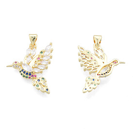 Brass Micro Pave Colorful Cubic Zirconia Pendants, with Brass Snap on Bails, Nickel Free, Hummingbird