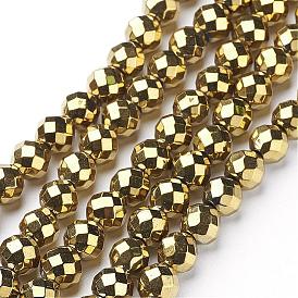 Non-Magnetic Synthetic Hematite Beads Strands, Vacuum Plating, Faceted(64 Facets), Round, Golden Plated, Hole: 1mm
