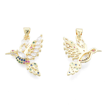 Brass Micro Pave Colorful Cubic Zirconia Pendants, with Brass Snap on Bails, Nickel Free, Hummingbird