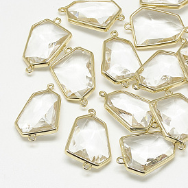 Glass Links Connectors, with Golden Tone Brass Findings, Faceted, Polygon