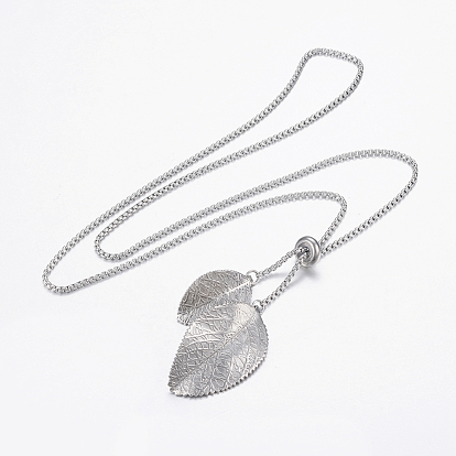 Adjustable 304 Stainless Steel Lariat Necklaces, Slider Necklaces, Leaf