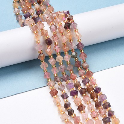 Natural Lodolite Quartz Beads Strands, with Seed Beads, Faceted, Diagonal Cube Beads
