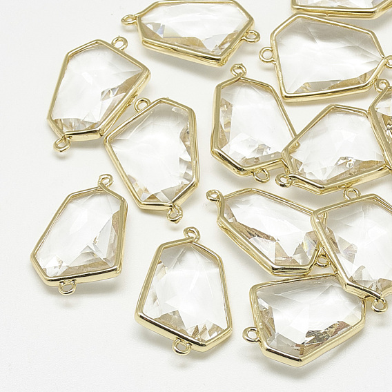 Glass Links Connectors, with Golden Tone Brass Findings, Faceted, Polygon