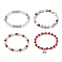Natural Carnelian(Dyed & Heated) & Green Aventurine & White Agate Beaded Stretch Bracelet Set with Non-magnetic Synthetic Hematite Heart, 304 Stainless Steel Snowflake Charm Bracelet for Women