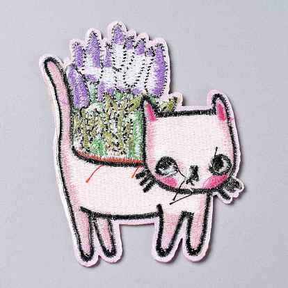 Computerized Embroidery Cloth Iron on/Sew on Patches, Costume Accessories, Appliques, Cat with Lavender Plant