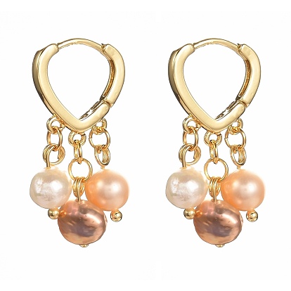 Natural Freshwater Pearl Hoop Earrings for Women, 304 Stainless Steel Dangle Earrings, with Brass Findings