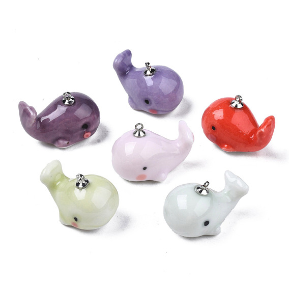 Handmade Porcelain Pendants, with Platinum Plated Brass Findings, Famille Rose Style, Whale