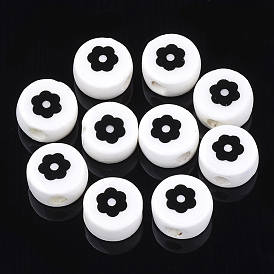 Perles en porcelaine manuelles, plat et circulaire avec fleur