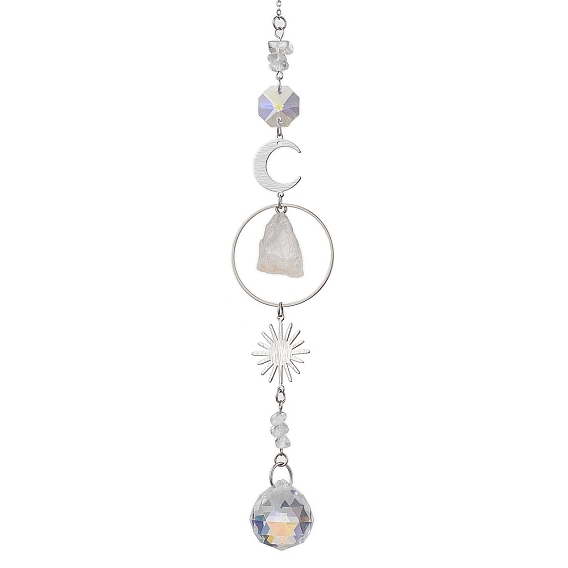 Rough Raw Natural Gemstone Nuggets Hanging Ornaments, Sun & Glass Teardrop Hanging Suncatcher