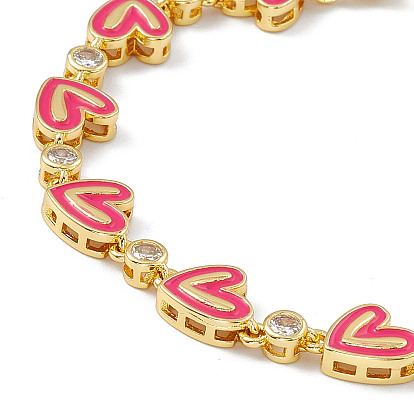 Brass Micro Pave Cubic Zirconia Chain Bracelets, Enamel Style Heart Link Chain Bracelet for Women, with Chain Extender & Lobster Claw Clasp