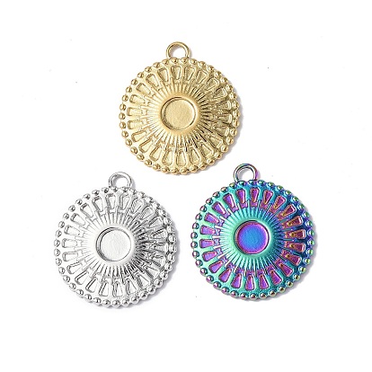 304 Stainless Steel Pendant Cabochon Settings, Flat Round with Sun Charm