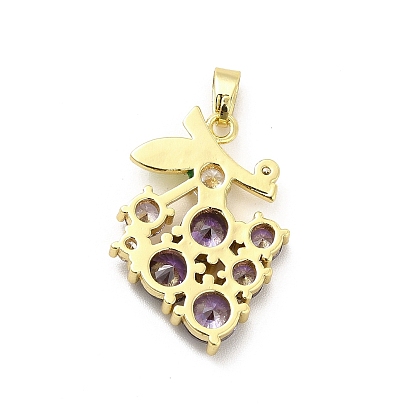 Brass Micro Pave Clear Cubic Zirconia Pendants, with Purple Glass, Grape Charm