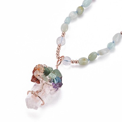 Природных драгоценных камней кулон ожерелья, с природными смешанных каменных бус, природные кристаллы кварца и латунь, дерево
