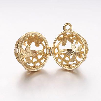 Brass Cage Pendants, For Chime Ball Pendant Necklaces Making, Hollow Round with Flower