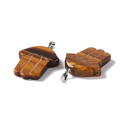 Pendentifs de pierres précieuses naturelles et synthétiques, charme de la main hamsa, avec les accessoires en laiton de tonalité de platine