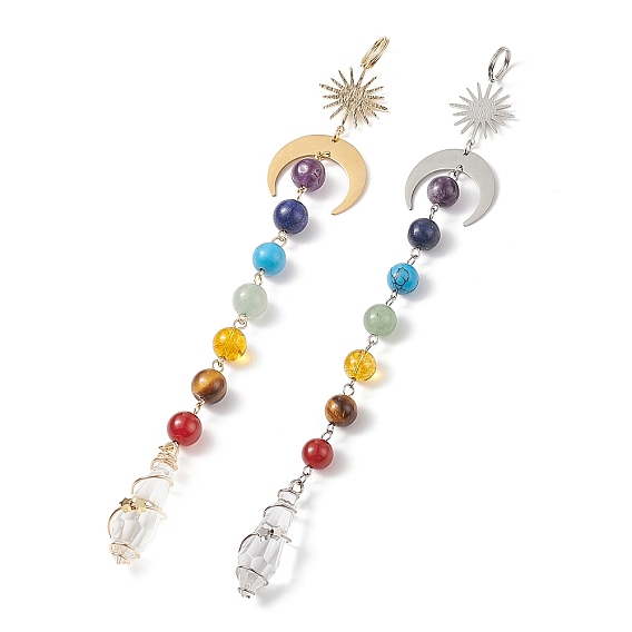 7 Chakra Gemstone Beaded Pendant Decorations, Glass Bullet Shape Suncatchers, with 201 Stainless Steel Moon, Brass Sun