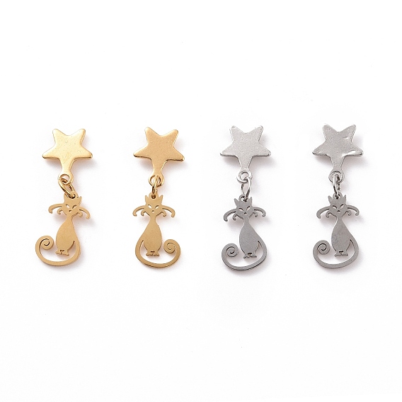 304 Stainless Steel Cat with Star Dangle Stud Earrings for Women