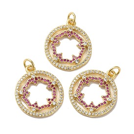 Rack Plating Brass Pave Cubic Zirconia Pendants, with Jump Ring, Lead Free & Cadmium Free, Real 18K Gold Plated, Long-Lasting Plated, Ring with Sakura Charm
