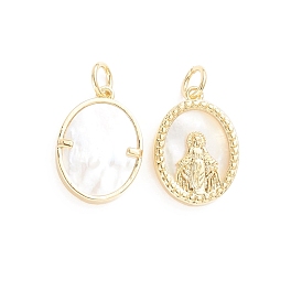 Religion Brass Pendants, with Natural Shell and Jump Ring, Oval with Virgin Mary