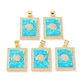 Rack Plating Brass Micro Pave Cubic Zirconia Eye Pendants, Synthetic Opal Rectangle Charms with Snap on Bail, Cadmium Free & Lead Free, Long-Lasting Plated, Real 18K Gold Plated