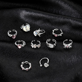Fashionable Heart-shaped Colorful Gemstone Open 10-piece Set of Rings - Combination Ring
