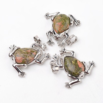Frog Gemstone Pendants, with Brass Findings, Platinum, 30x29x7mm, Hole: 7x5mm