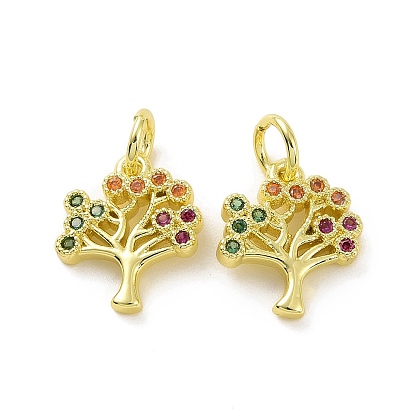 Brass Micro Pave Cubic Zirconia Charms, with Jump Ring, Tree, Real 18K Gold Plated