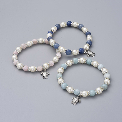 Étirer bracelets de charme, avec des perles de pierres fines, Perles en verre nacré, breloques en alliage de zinc et perles d'espacement en laiton strass, tortue de mer