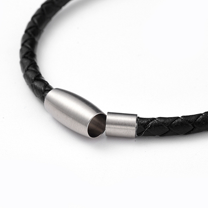 Unisex Leather Cord Bracelets, with Enamel, 304 Stainless Steel Magnetic Clasps and Beads, Flat Round with Cross