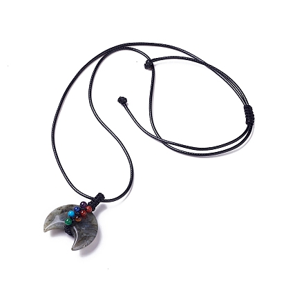 Collier pendentif double corne de pierres précieuses mélangées naturelles et synthétiques réglable avec cordon de cire pour les femmes