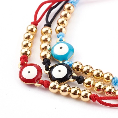 Adjustable Nylon Thread Braided Bead Bracelets, with 304 Stainless Steel Enamel Links and Brass Beads, Evil Eye, Golden