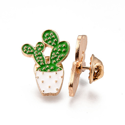 Alloy Enamel Brooches, Enamel Pin, with Brass Butterfly Clutches, Cactus, Light Gold, Cadmium Free & Nickel Free & Lead Free