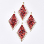 Polyester Thread Woven Big Pendants, with Glass and Golden Plated Alloy Findings, Long-Lasting Plated, Rhombus