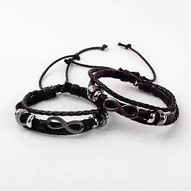 Adjustable Multi-Strand Leather Cord Bracelets, with PU Leather Cord & Alloy Findings, Infinity, Antique Silver