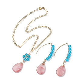 Ensemble de bijoux en verre et en forme de larme en verre de quartz cerise synthétique, boucles d'oreilles pendantes en perles de verre et colliers à pendentif avec chaînes en laiton