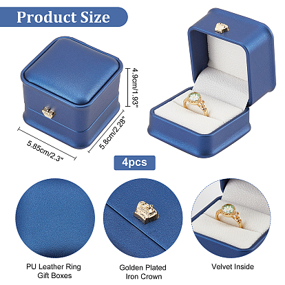 Nbeads PU Leather Ring Gift Boxes, with Golden Plated Iron Crown and Velvet Inside, for Wedding, Jewelry Storage Case