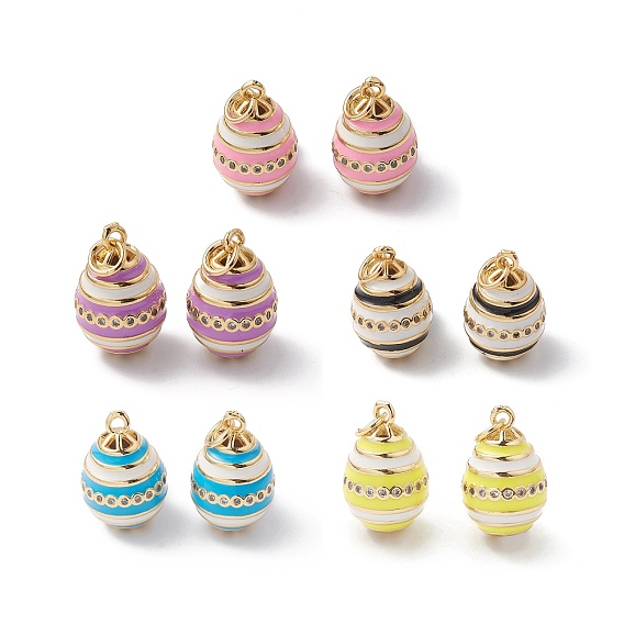 Rack Plating Brass Enamel Pendants, with Cubic Zirconia, Oval Charm, with Jump Ring, Long-Lasting Plated, Real 18K Gold Plated