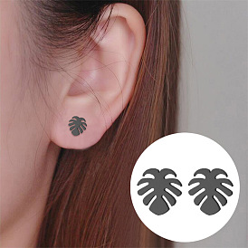 Minimalist Palm Leaf Stud Earrings with Bold Black Hoops - Fashionable European and American Jewelry for Women's Statement Look