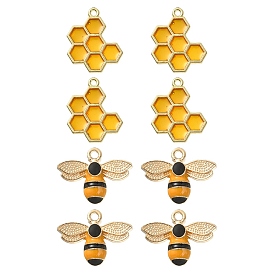 8Pcs 2 Style Alloy Enamel Pendants, Honeycomb & Bees, Light Gold