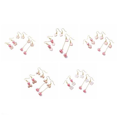 3 pares de abalorios de aleación rosa estilo 3 aretes colgantes con cuentas de resina, Joyas de latón con tema de San Valentín para mujer., dorado