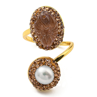 Anillo abierto con perla natural y cristal de zorro de nueve colas y diamantes de imitación, anillo de latón para mujer